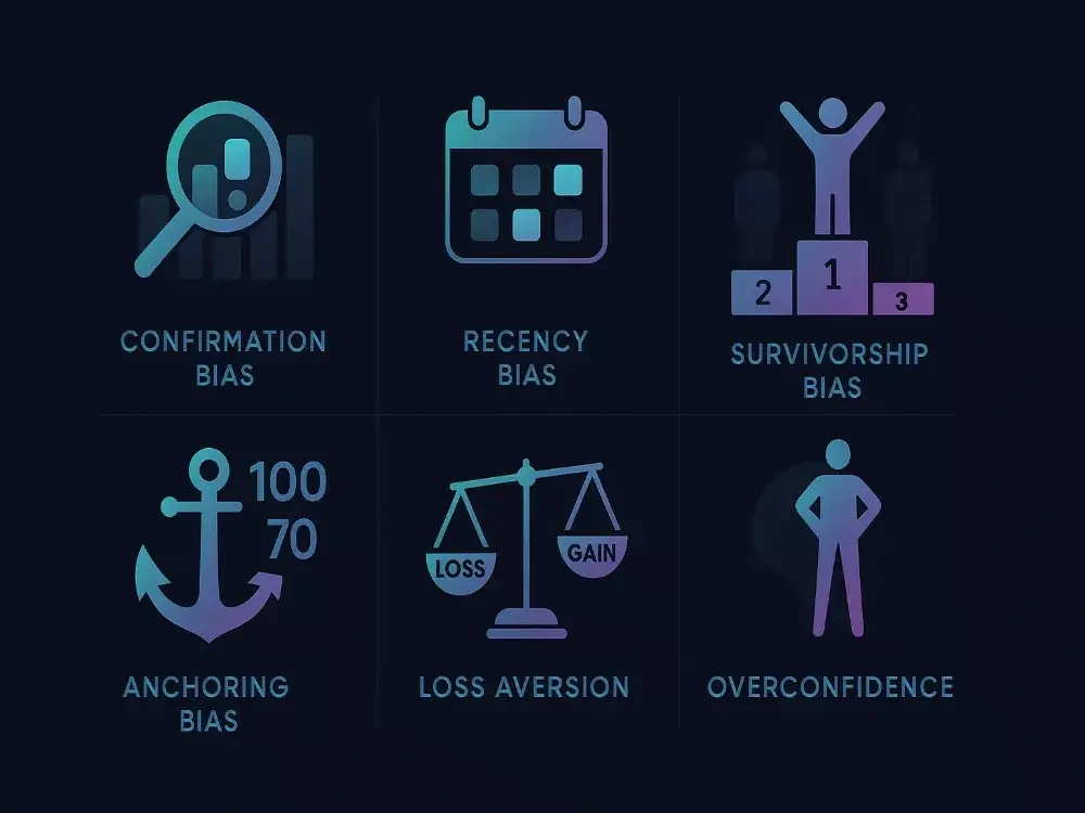 Infographie des 6 principaux biais cognitifs qui affectent les parieurs sportifs