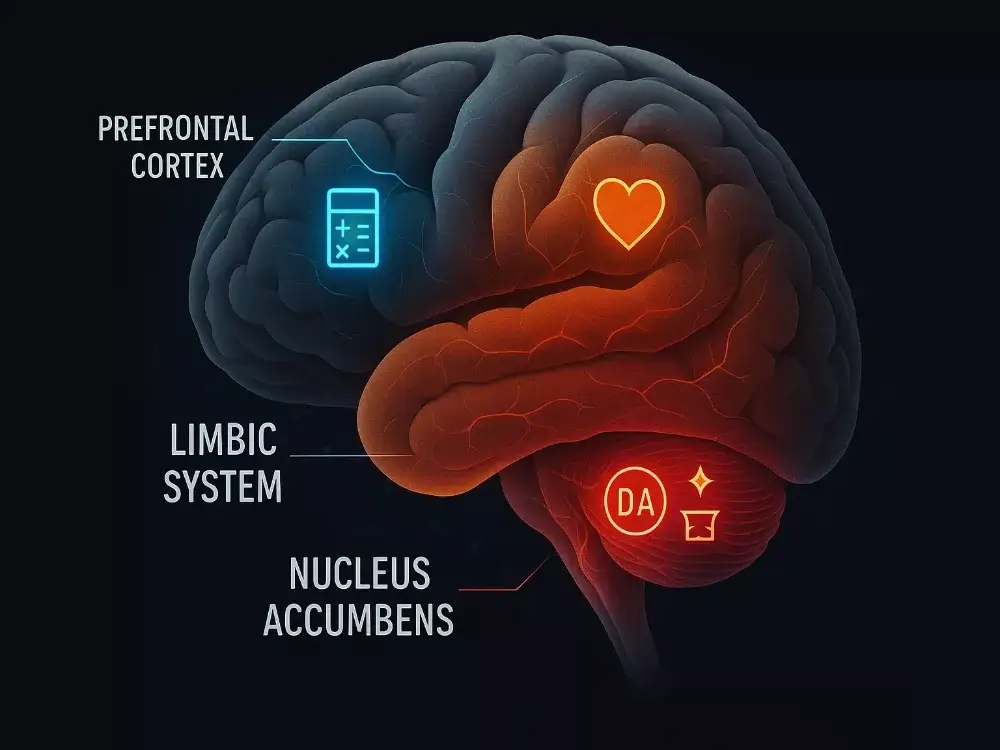 Les trois zones cérébrales actives lors des paris : cortex préfrontal, système limbique et noyau accumbens