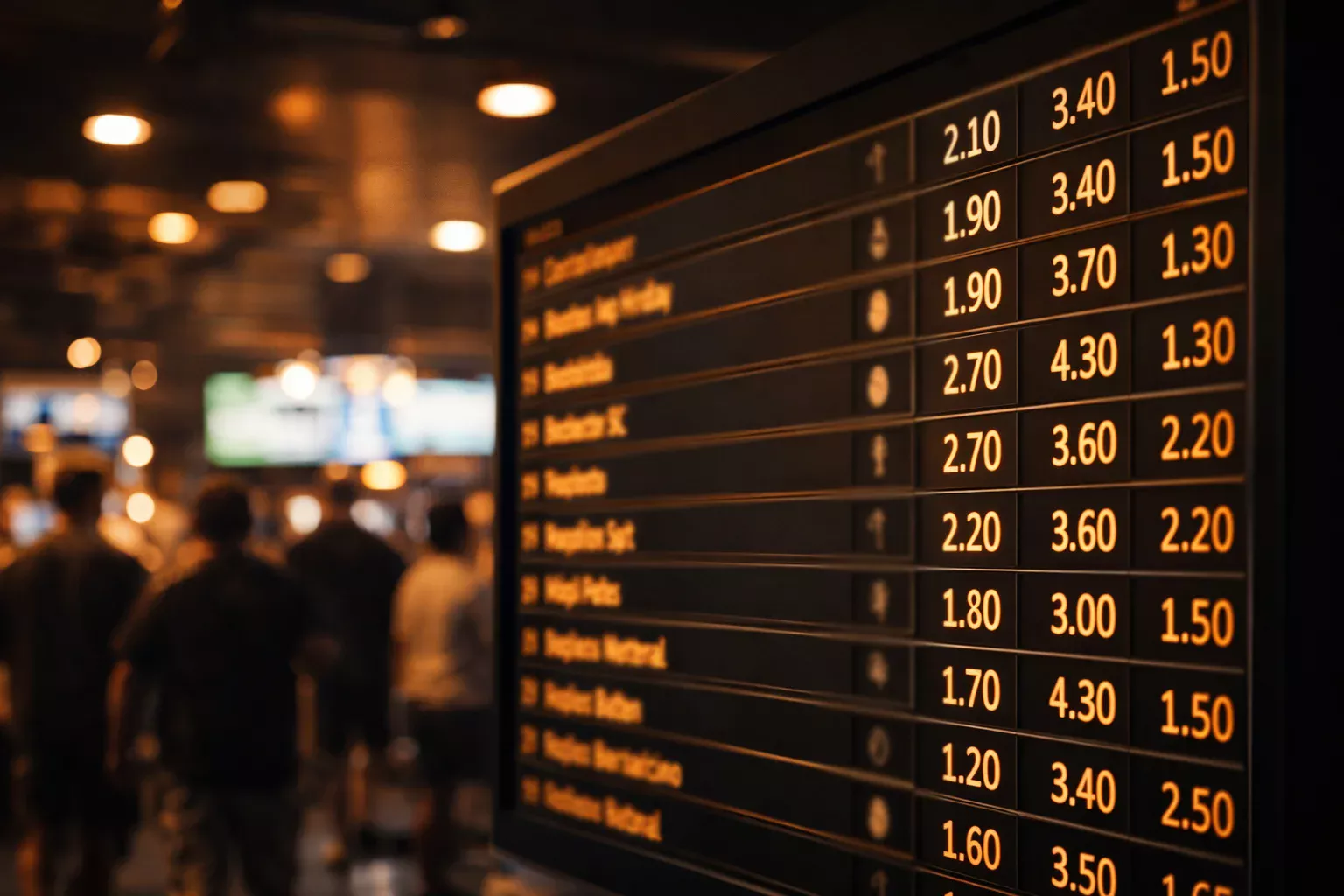 Tableau d'affichage de cotes dans un bureau de paris sportifs avec lumière tamisée