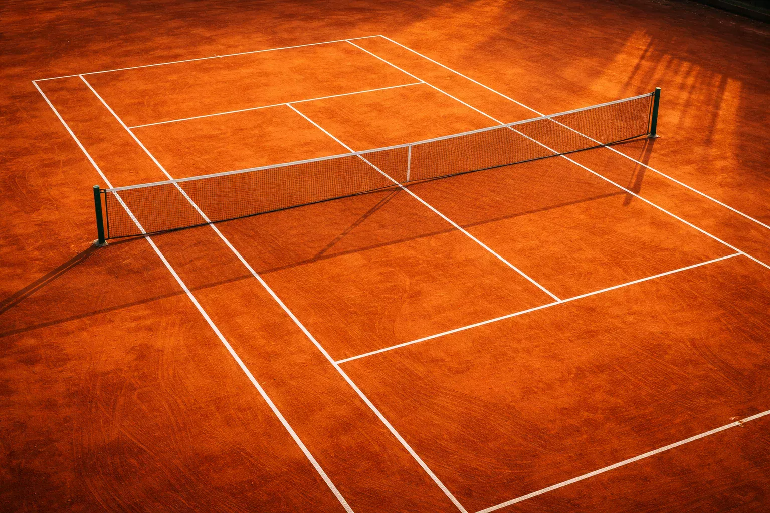 Court de tennis en terre battue vu en plongée avec les lignes blanches éclairées par le soleil couchant
