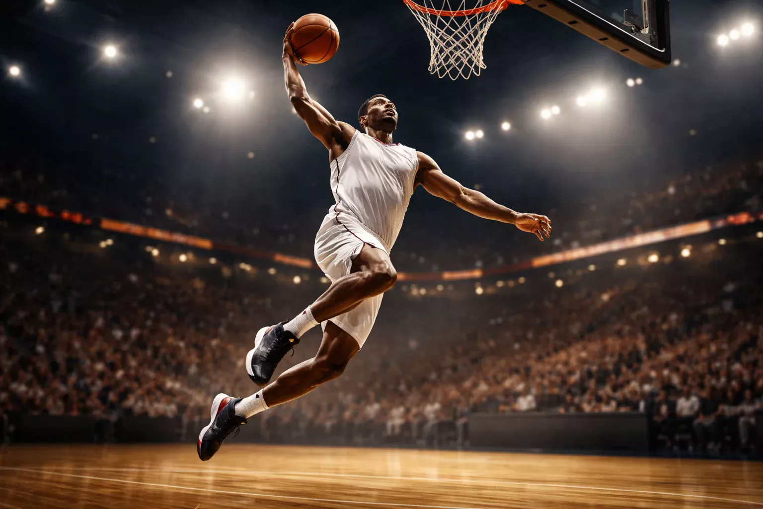 Joueur de basketball en action lors d'un match NBA sous les projecteurs d'une grande salle