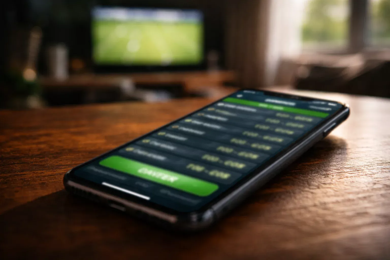 Écran de téléphone affichant un ticket de paris sportifs avec plusieurs sélections sur fond de stade