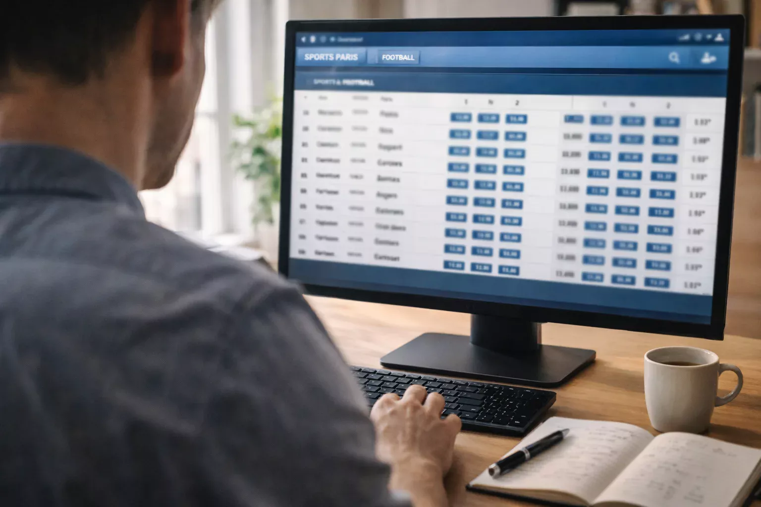 Personne analysant des cotes de paris sportifs sur un écran d'ordinateur dans un bureau