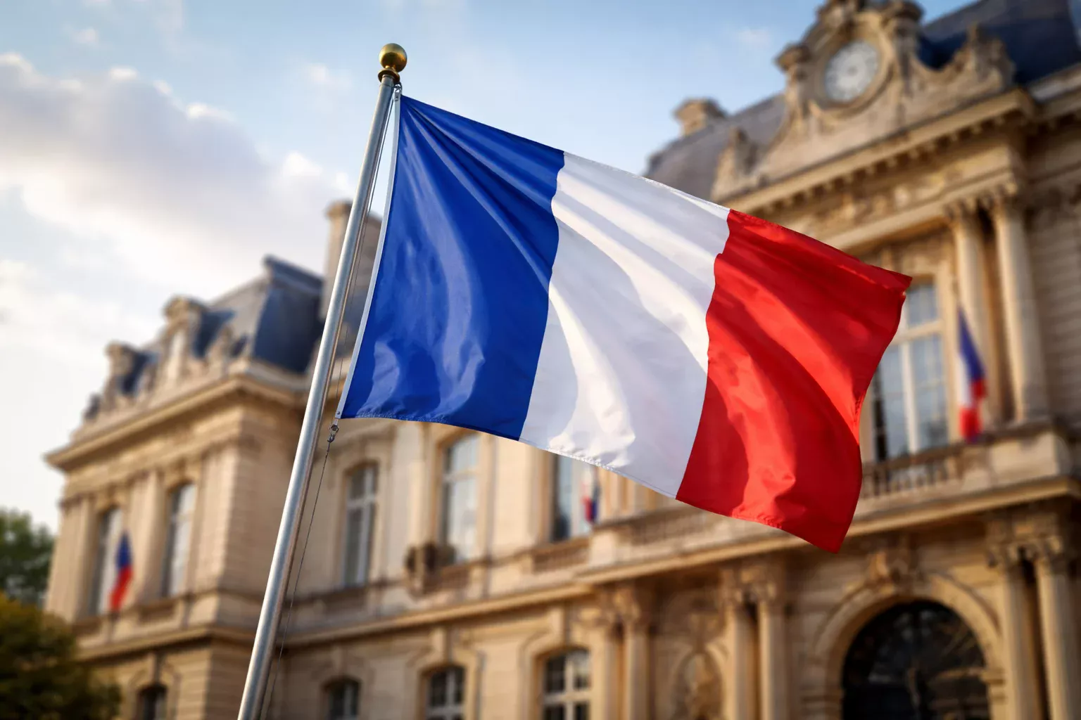Drapeau français devant un bâtiment officiel symbolisant la régulation des jeux en France
