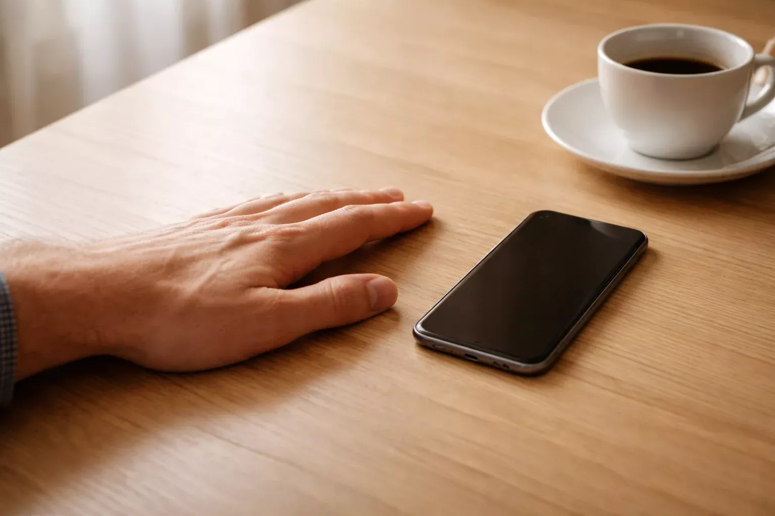 Main posée sur une table à côté d'un téléphone éteint, symbolisant la pause et le contrôle de soi