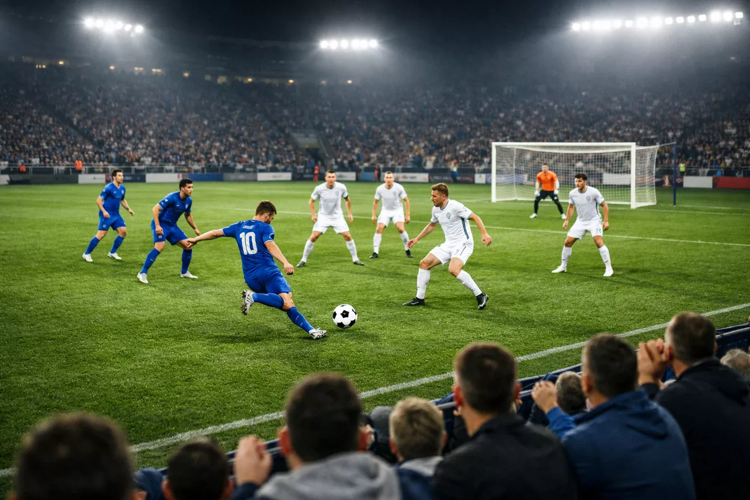 Match de football en cours sur une pelouse verte avec deux équipes en action près du but