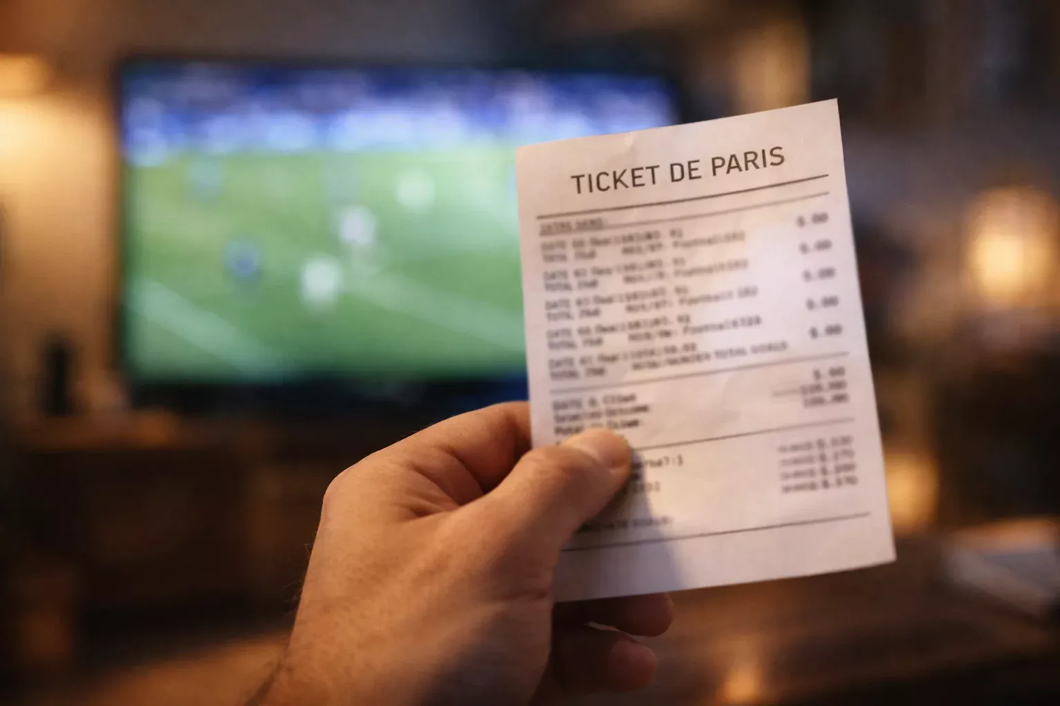 Main d'un parieur tenant un ticket de paris sportifs devant un écran affichant un match de football