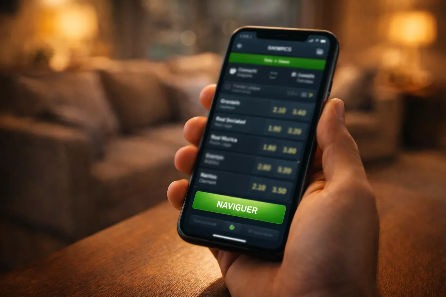 Smartphone tenu en main affichant une application de paris sportifs dans un salon moderne