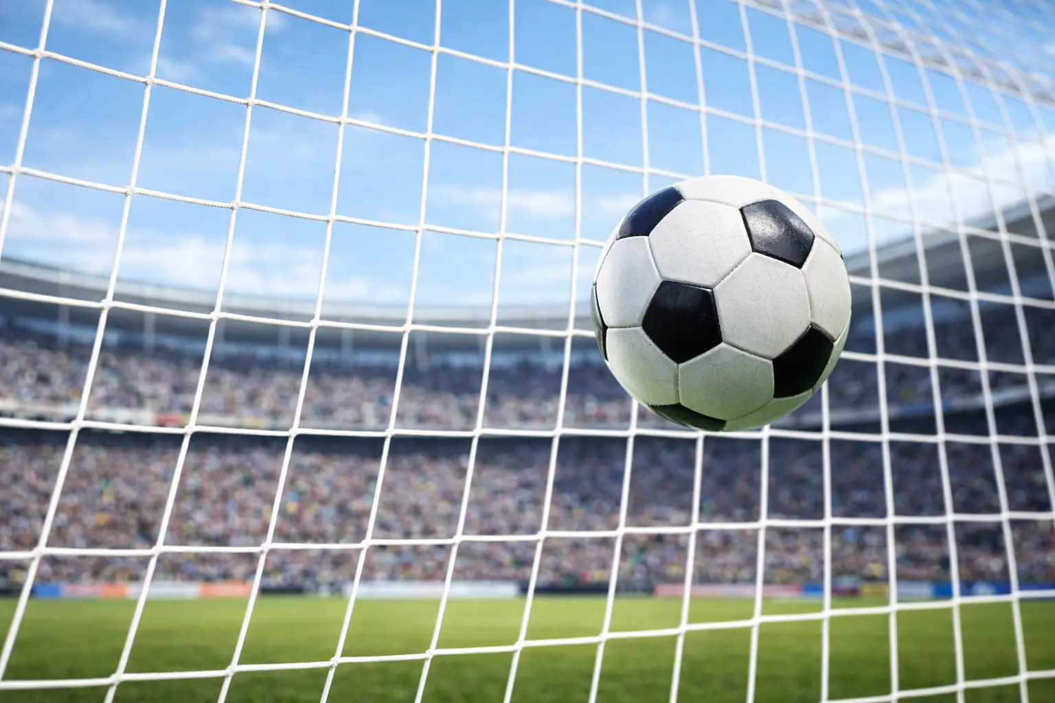 Ballon de football au bord du filet lors d'un but marqué en match