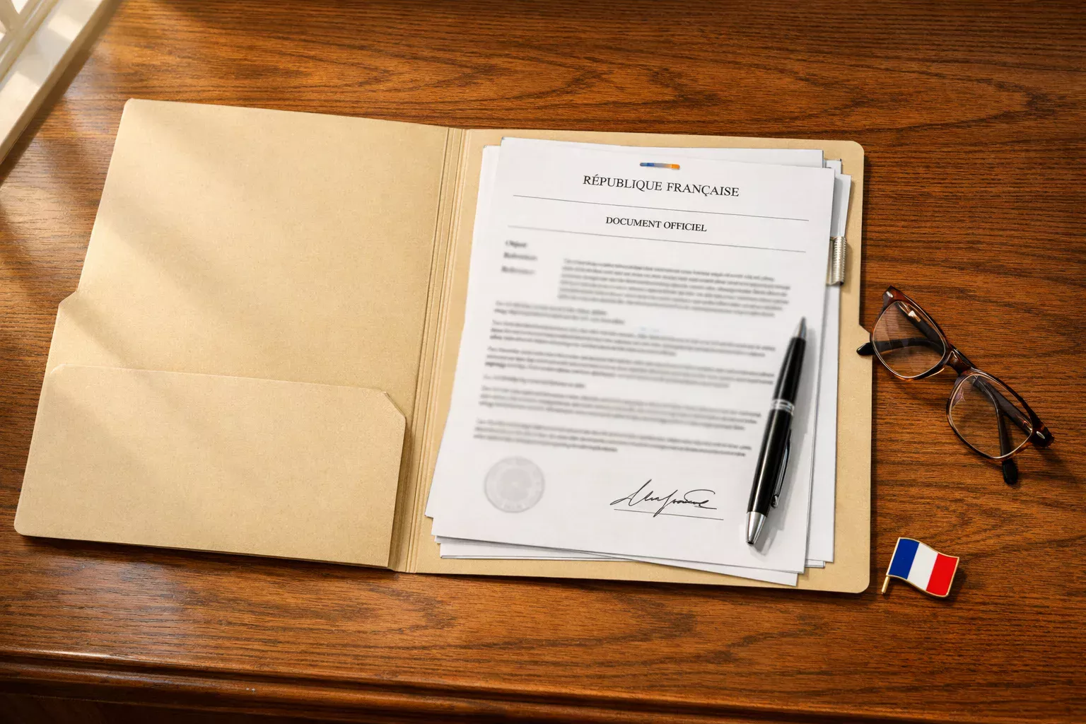 Documents fiscaux et dossier officiel posés sur un bureau en bois