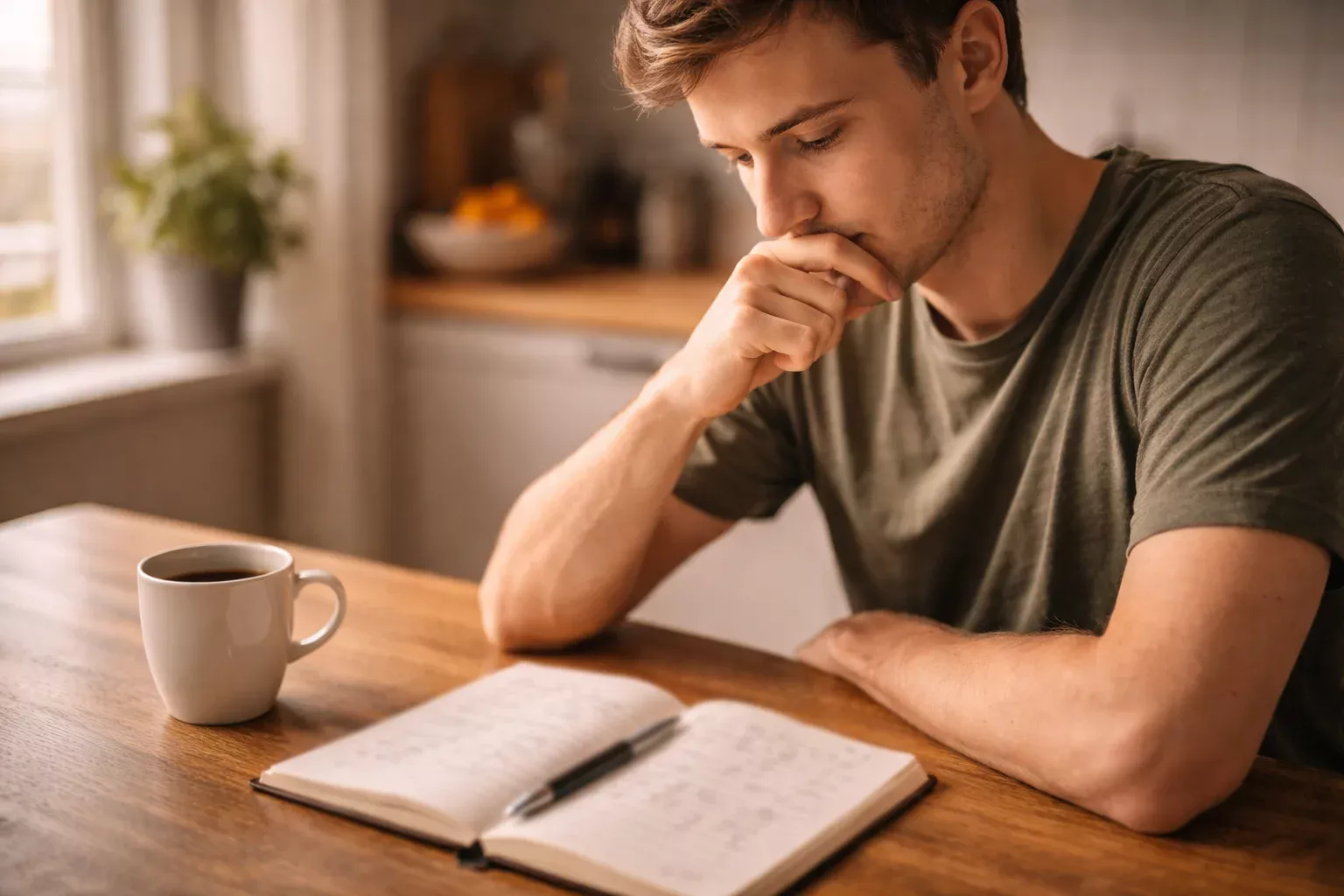 Parieur réfléchissant devant un carnet de notes et un stylo sur une table