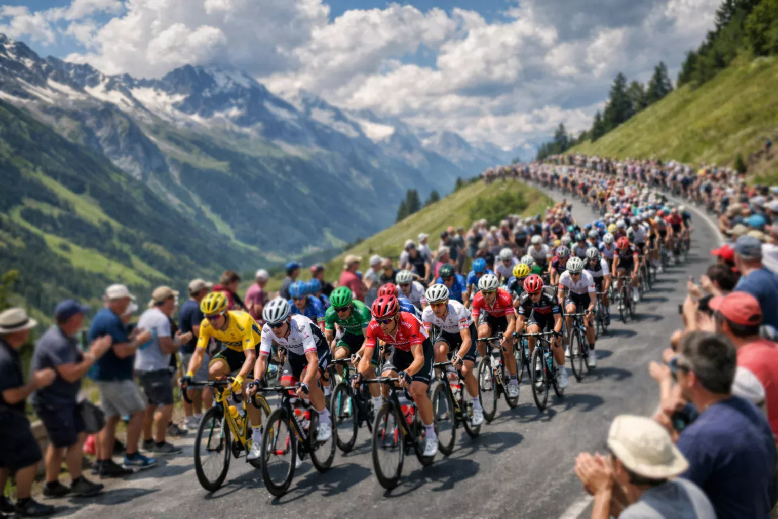 Peloton de cyclistes professionnels grimpant un col de montagne