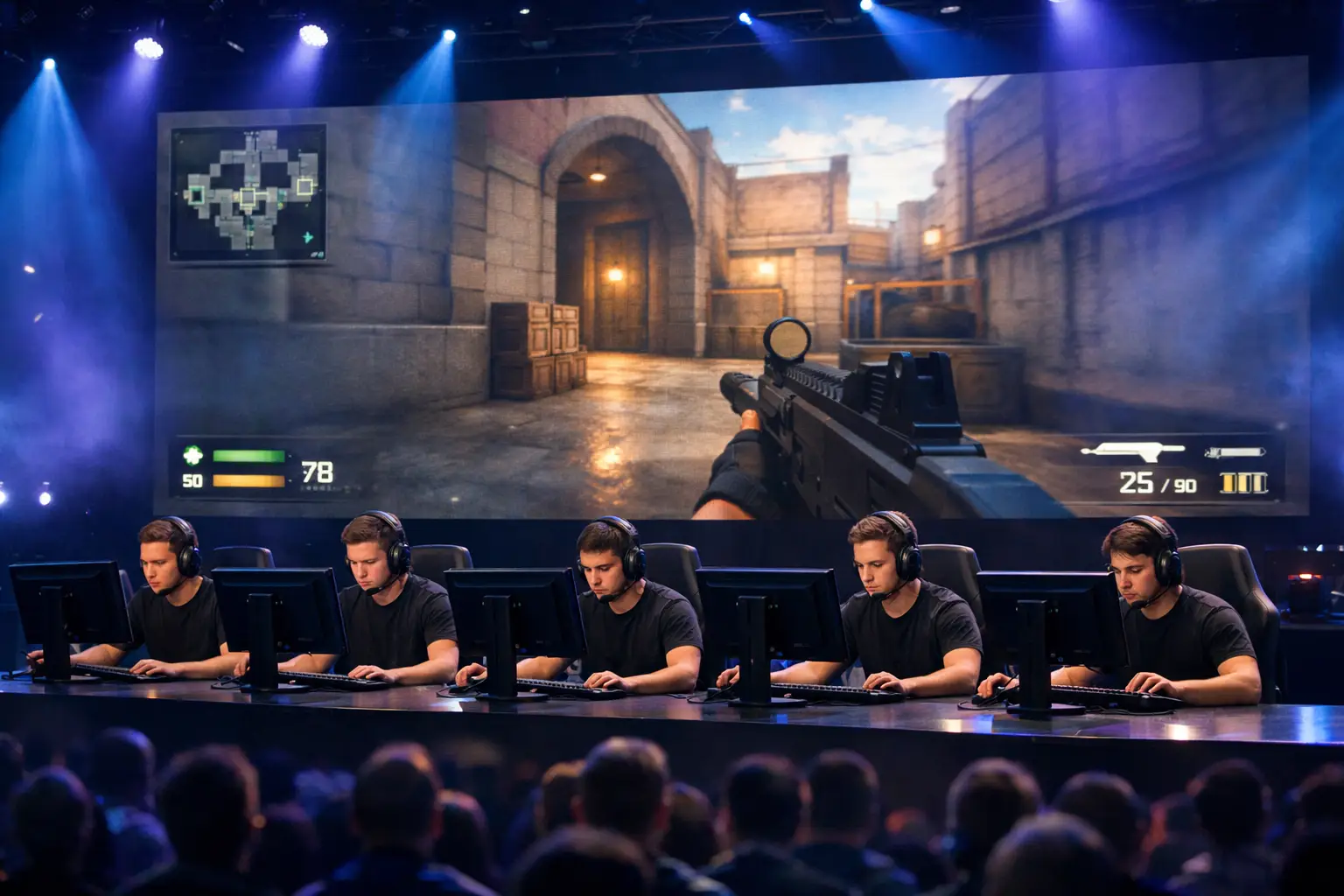 Joueurs d'e-sport en compétition sur scène avec écrans géants en arrière-plan