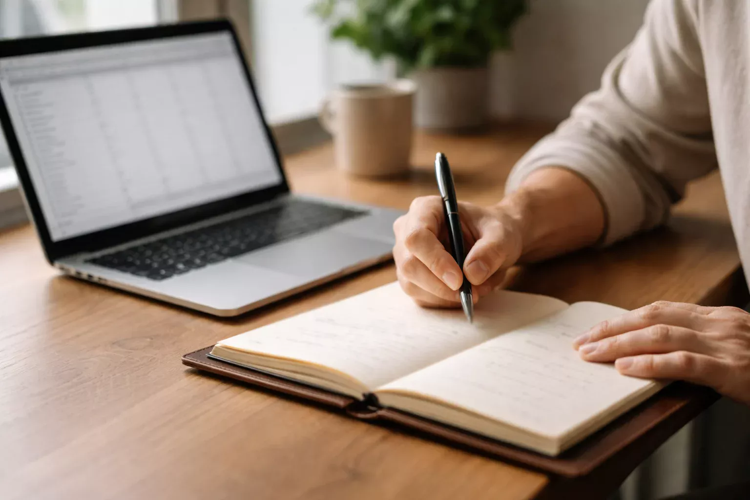 Personne concentrée prenant des notes dans un carnet à côté d'un ordinateur portable affichant des statistiques