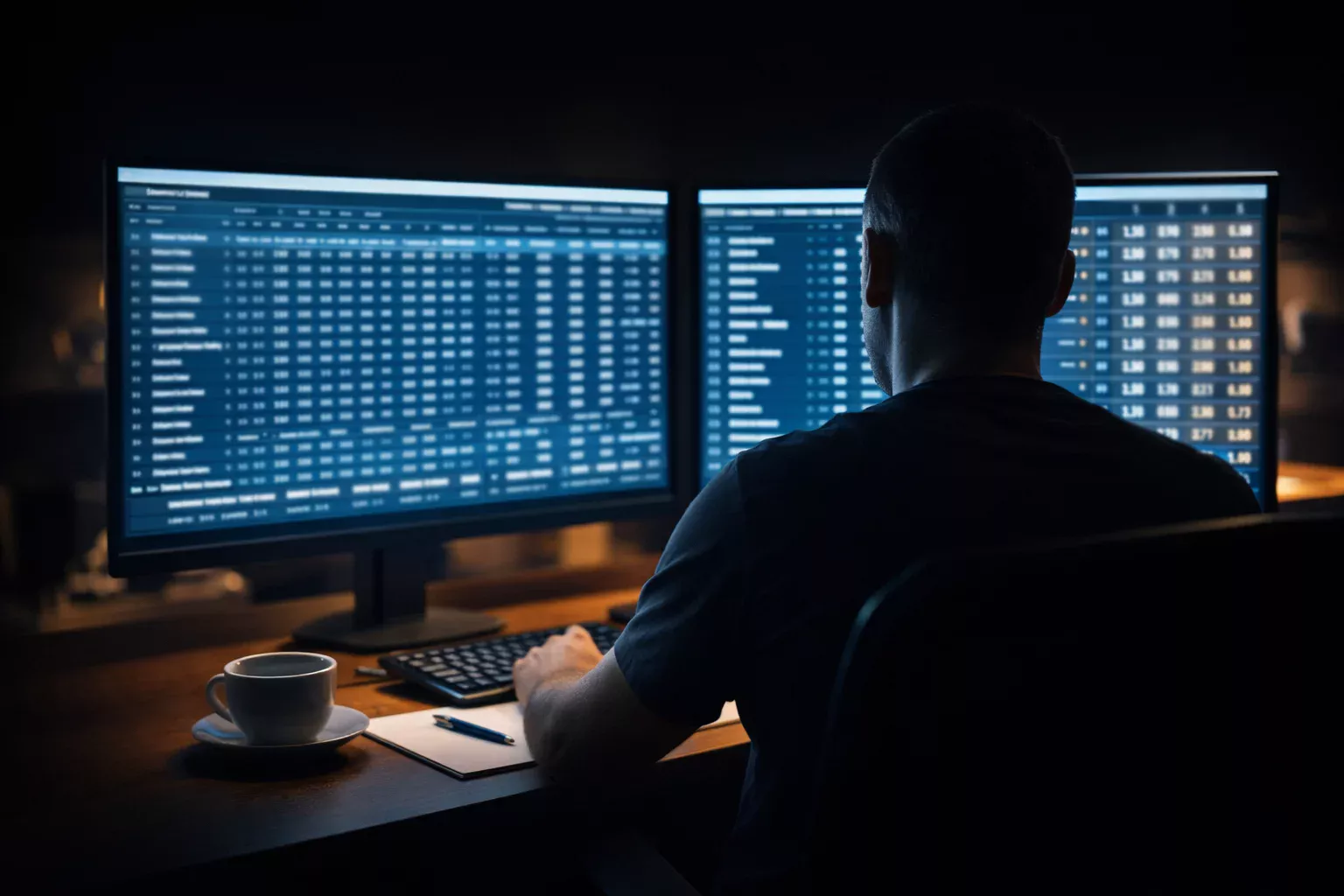 Analyste sportif comparant des données statistiques sur plusieurs écrans dans un bureau sombre