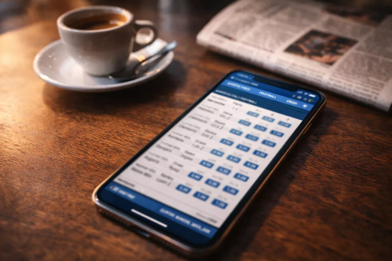 Smartphone posé sur une table affichant une application de paris sportifs avec un match en arrière-plan
