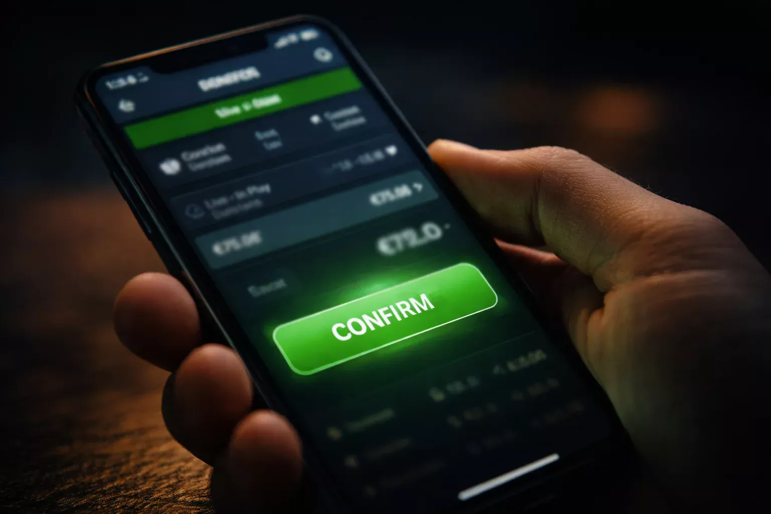 Gros plan sur un écran de smartphone affichant un pari en cours avec un bouton de validation lumineux