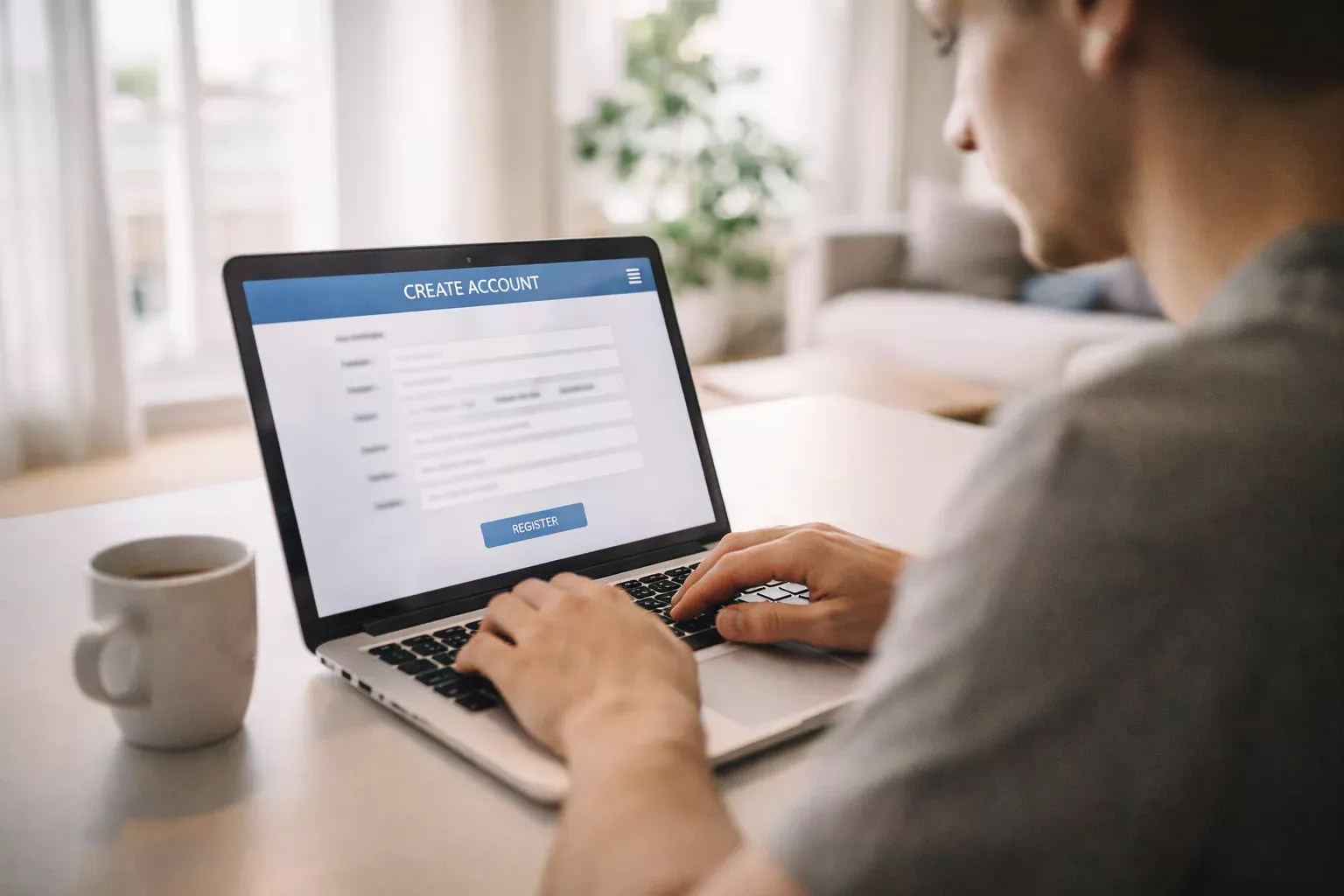 Nouveau parieur ouvrant un compte sur un ordinateur portable dans un salon lumineux