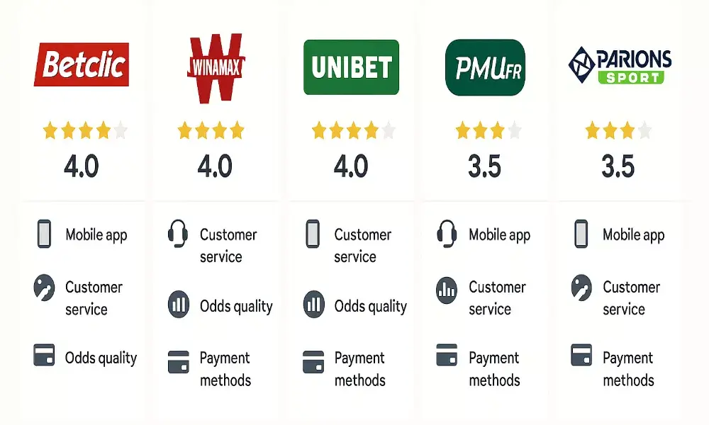 Tableau comparatif des meilleurs bookmakers français en 2026 avec leurs avantages et inconvénients