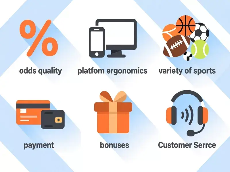 Infographie des 6 critères essentiels pour évaluer un bookmaker : cotes, ergonomie, variété, paiements, bonus, service client