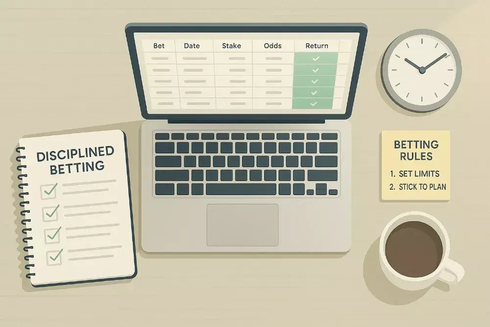 Espace de travail organisé d'un parieur professionnel avec checklist et statistiques