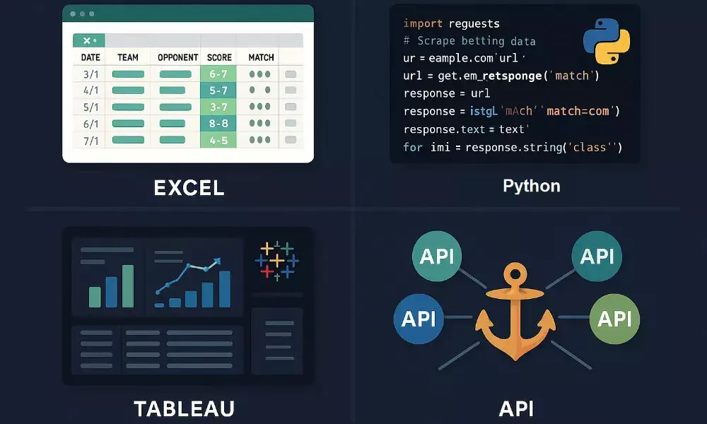Interface d'outils d'analyse : Excel, Python, Tableau et connexions API pour les données sportives