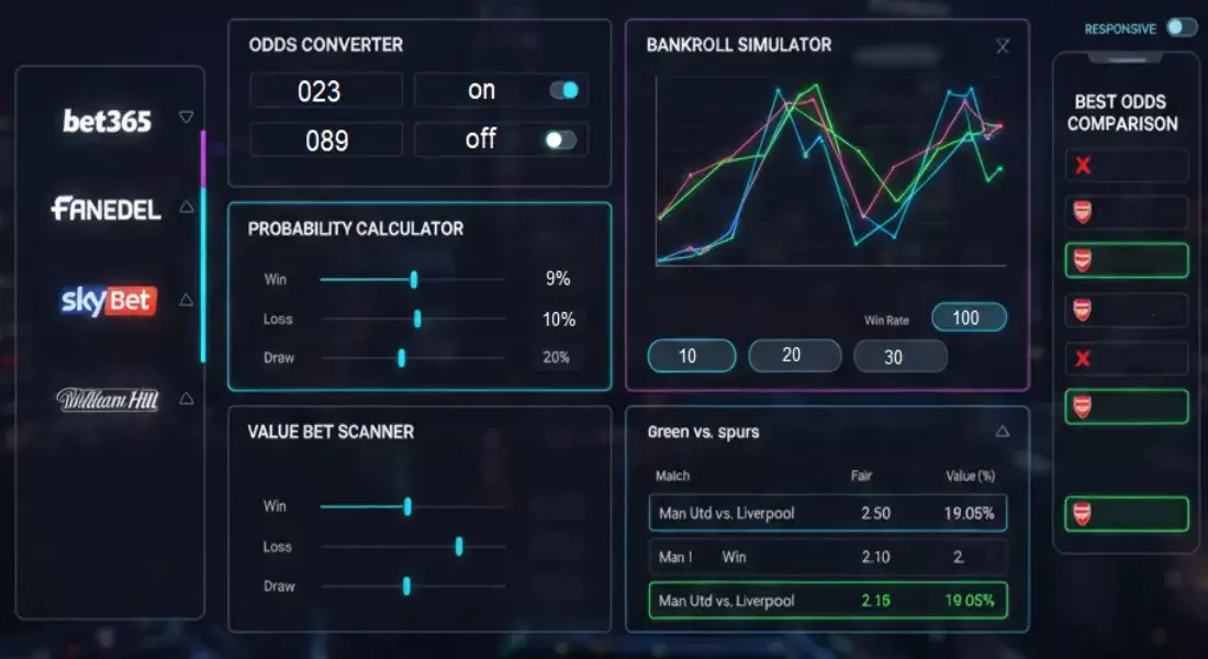 Tableau de bord avec outils et calculateurs pour paris sportifs