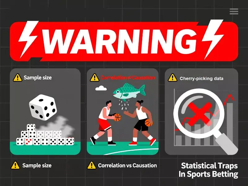 Infographie des pièges statistiques dans les paris sportifs avec signaux d'avertissement