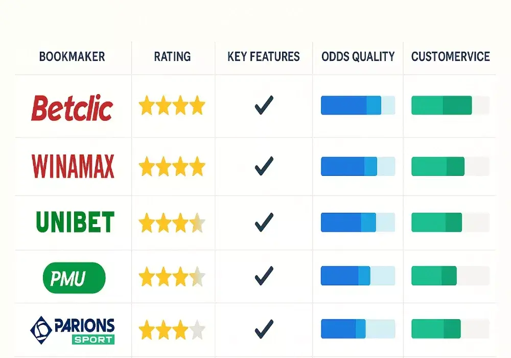 Tableau comparatif des 5 meilleurs bookmakers français avec notation par critères